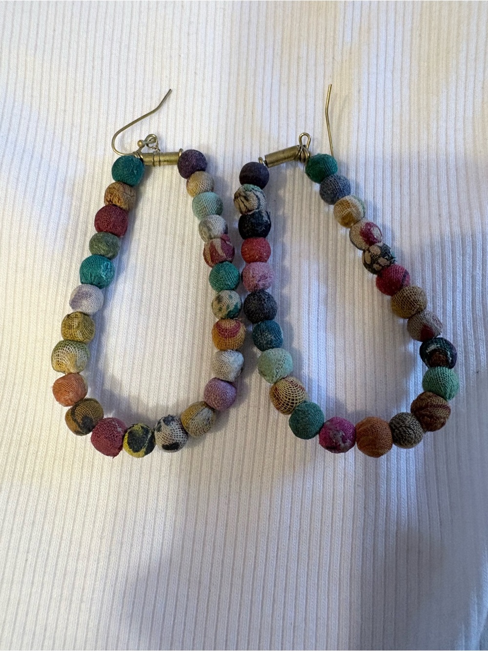 Handcrafted Multicolor Fabric Wrapped Bead Hoop Earrings.